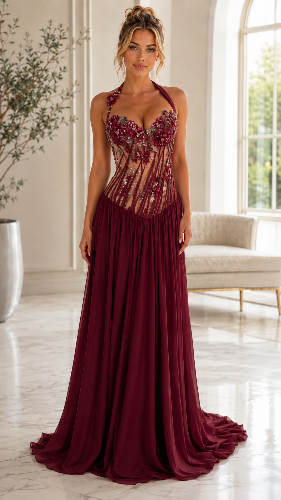 Floral Embroidered Halter Neck Evening Gown – Elegant A-Line Maxi Dress