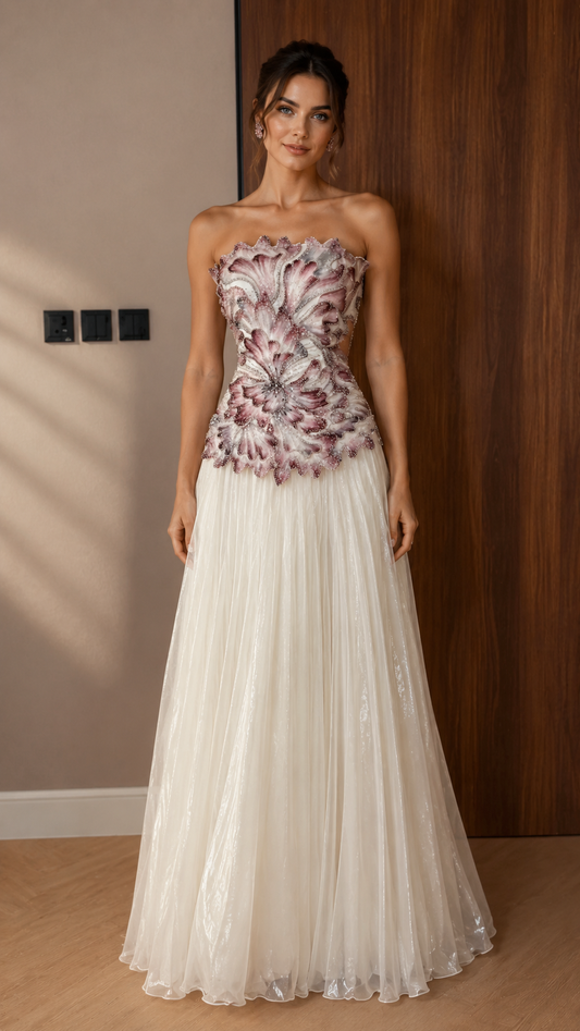 Strapless 3D Floral Appliqué Tulle Maxi Gown