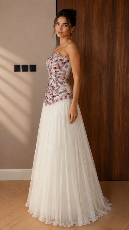 Strapless 3D Floral Appliqué Tulle Maxi Gown
