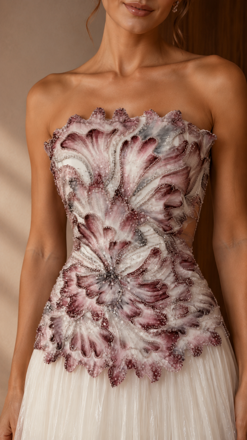 Strapless 3D Floral Appliqué Tulle Maxi Gown
