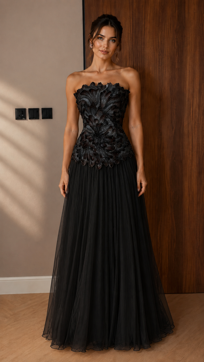Strapless 3D Floral Appliqué Tulle Maxi Gown