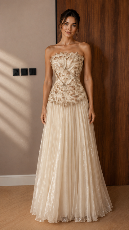 Strapless 3D Floral Appliqué Tulle Maxi Gown