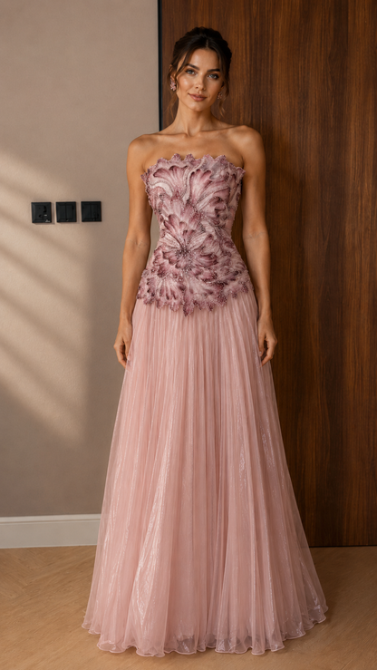 Strapless 3D Floral Appliqué Tulle Maxi Gown