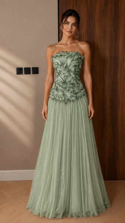 Strapless 3D Floral Appliqué Tulle Maxi Gown