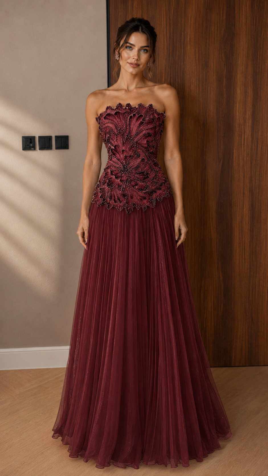 Strapless 3D Floral Appliqué Tulle Maxi Gown