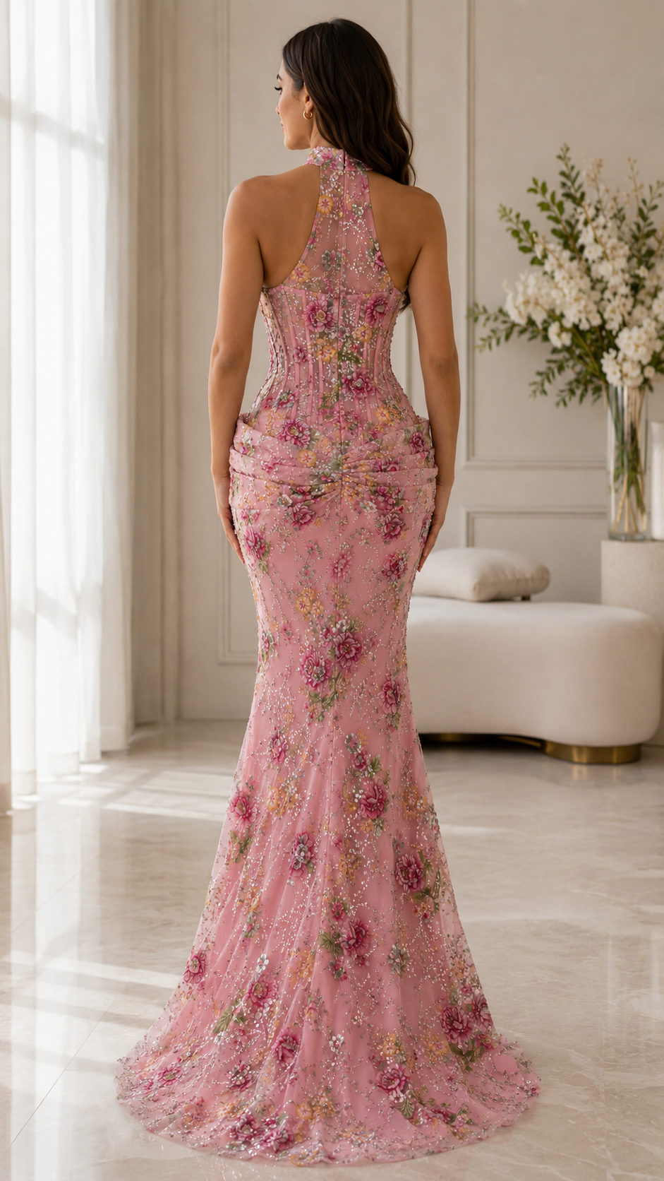Floral Embroidered Halter Neck Mermaid Evening Gown – Luxury Formal Maxi Dress