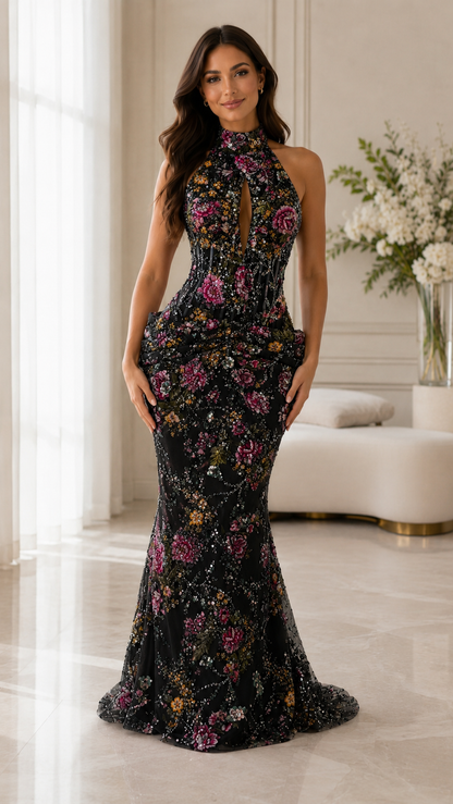 Floral Embroidered Halter Neck Mermaid Evening Gown – Luxury Formal Maxi Dress