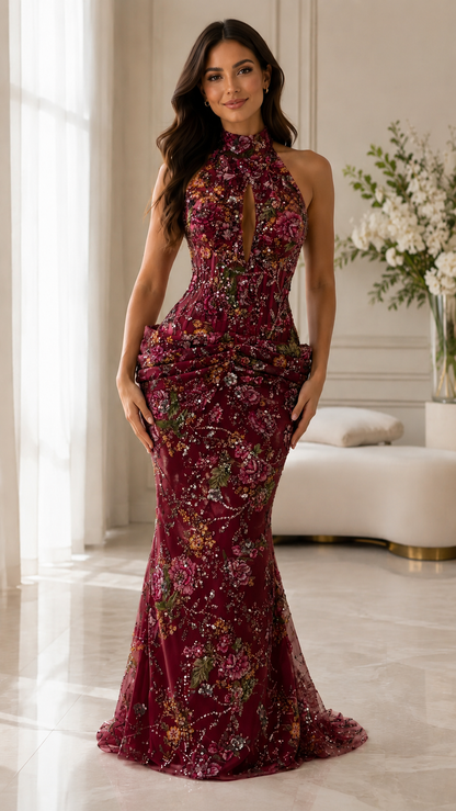Floral Embroidered Halter Neck Mermaid Evening Gown – Luxury Formal Maxi Dress