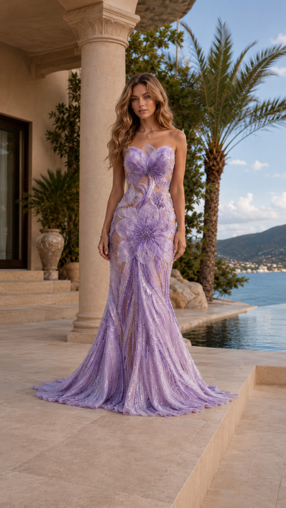 3D Floral Appliqué Strapless Mermaid Evening Gown