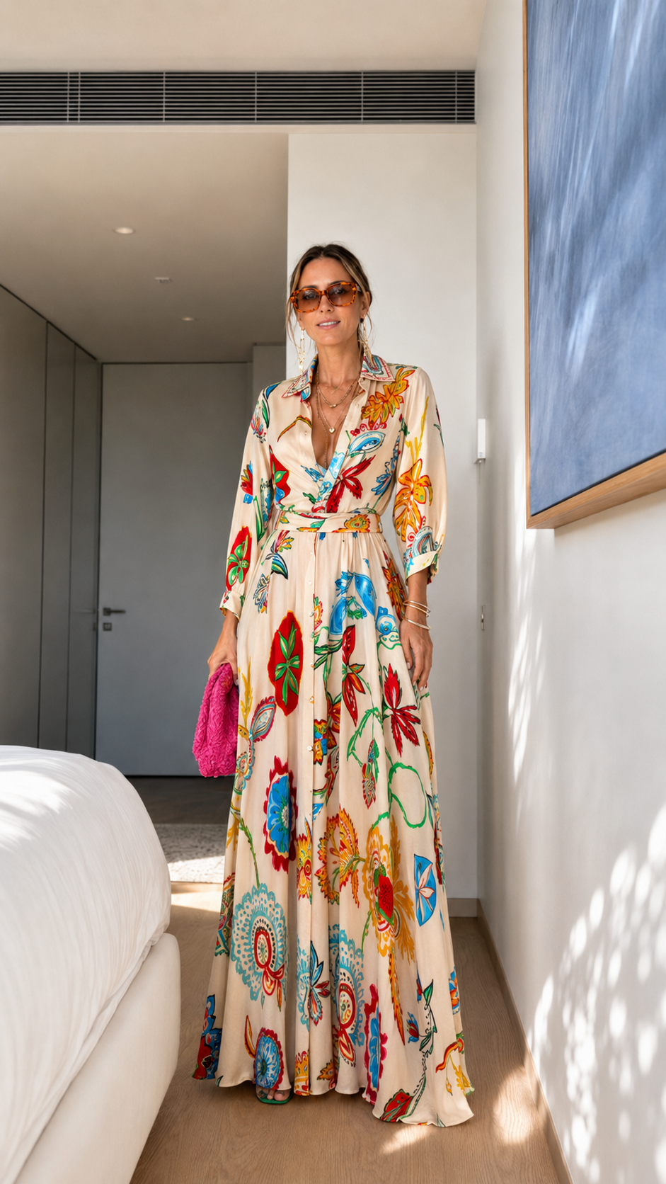 Printed Button-Front Belted Maxi Shirt Dress