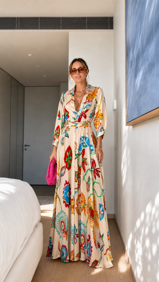 Printed Button-Front Belted Maxi Shirt Dress
