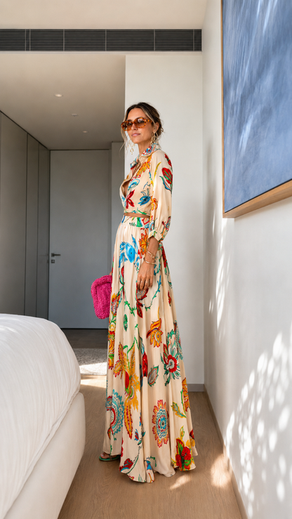 Printed Button-Front Belted Maxi Shirt Dress