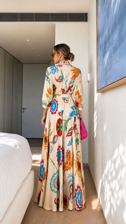 Printed Button-Front Belted Maxi Shirt Dress