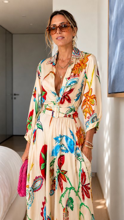 Printed Button-Front Belted Maxi Shirt Dress