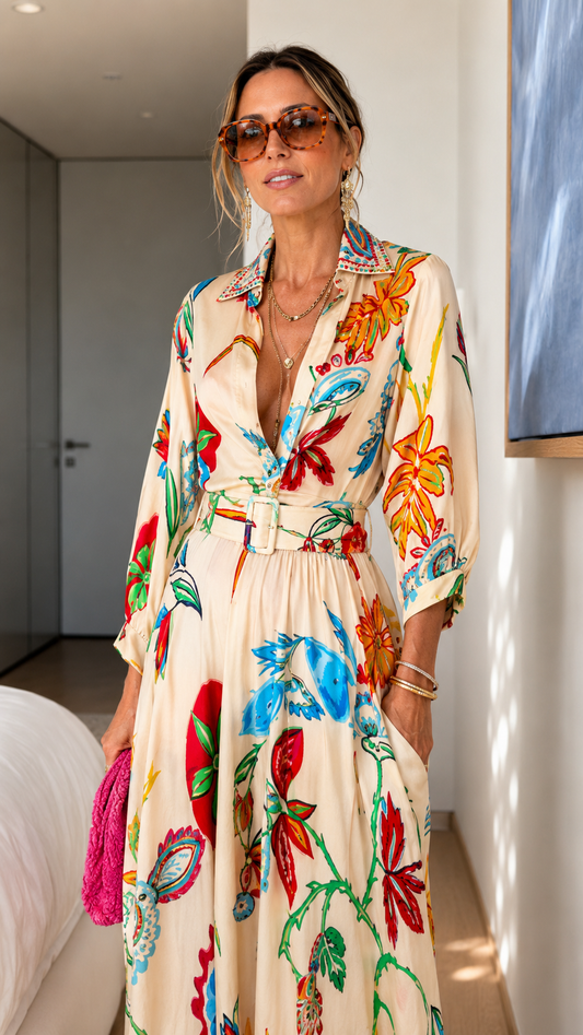 Printed Button-Front Belted Maxi Shirt Dress