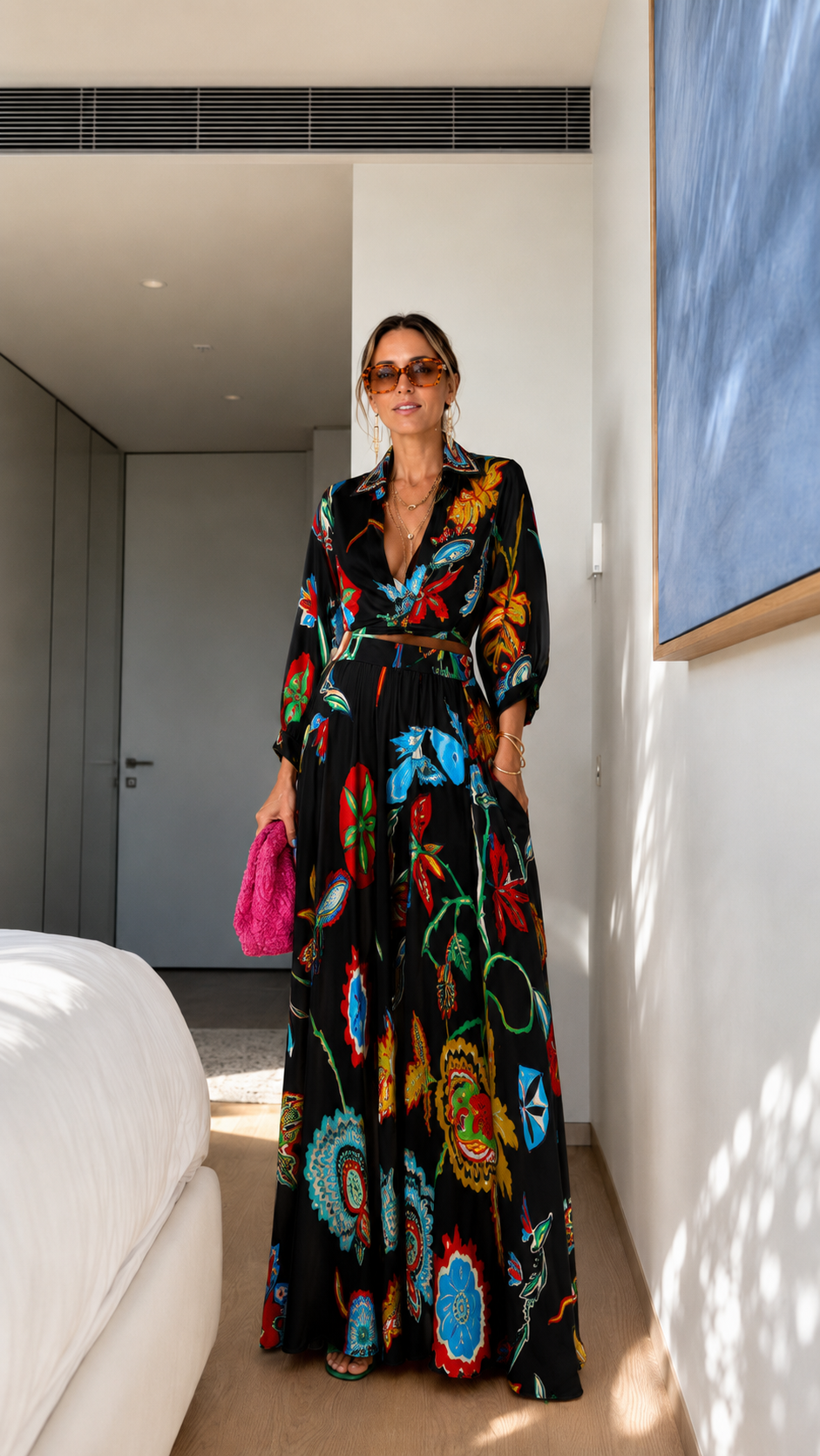 Printed Button-Front Belted Maxi Shirt Dress