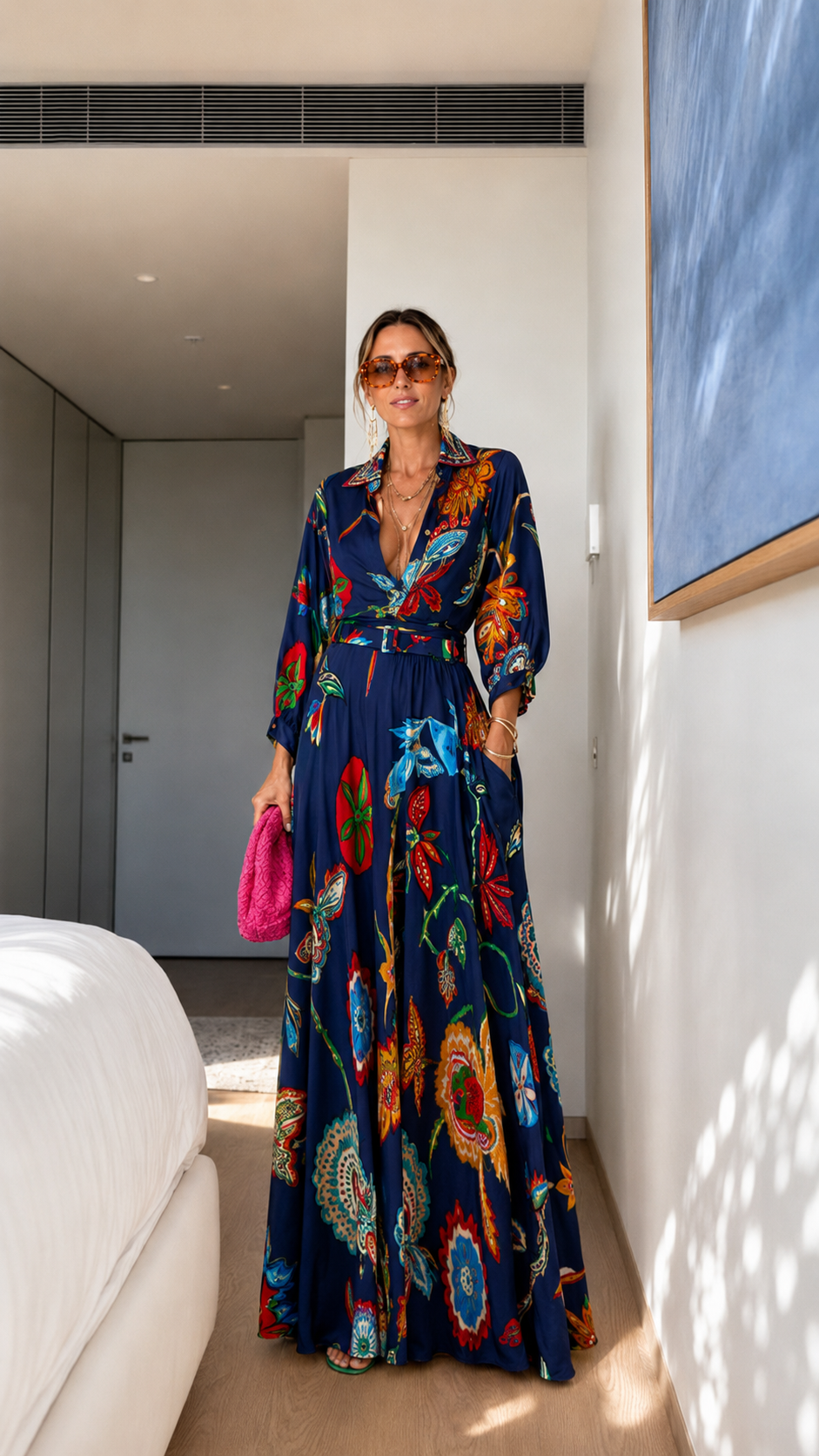Printed Button-Front Belted Maxi Shirt Dress