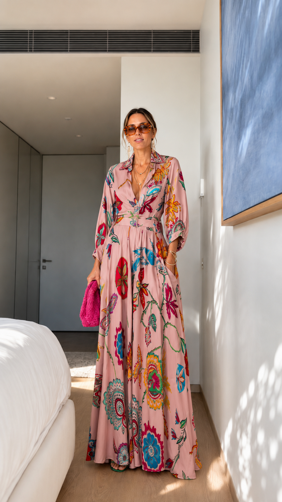 Printed Button-Front Belted Maxi Shirt Dress