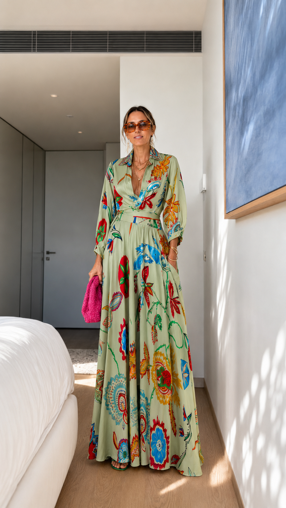 Printed Button-Front Belted Maxi Shirt Dress