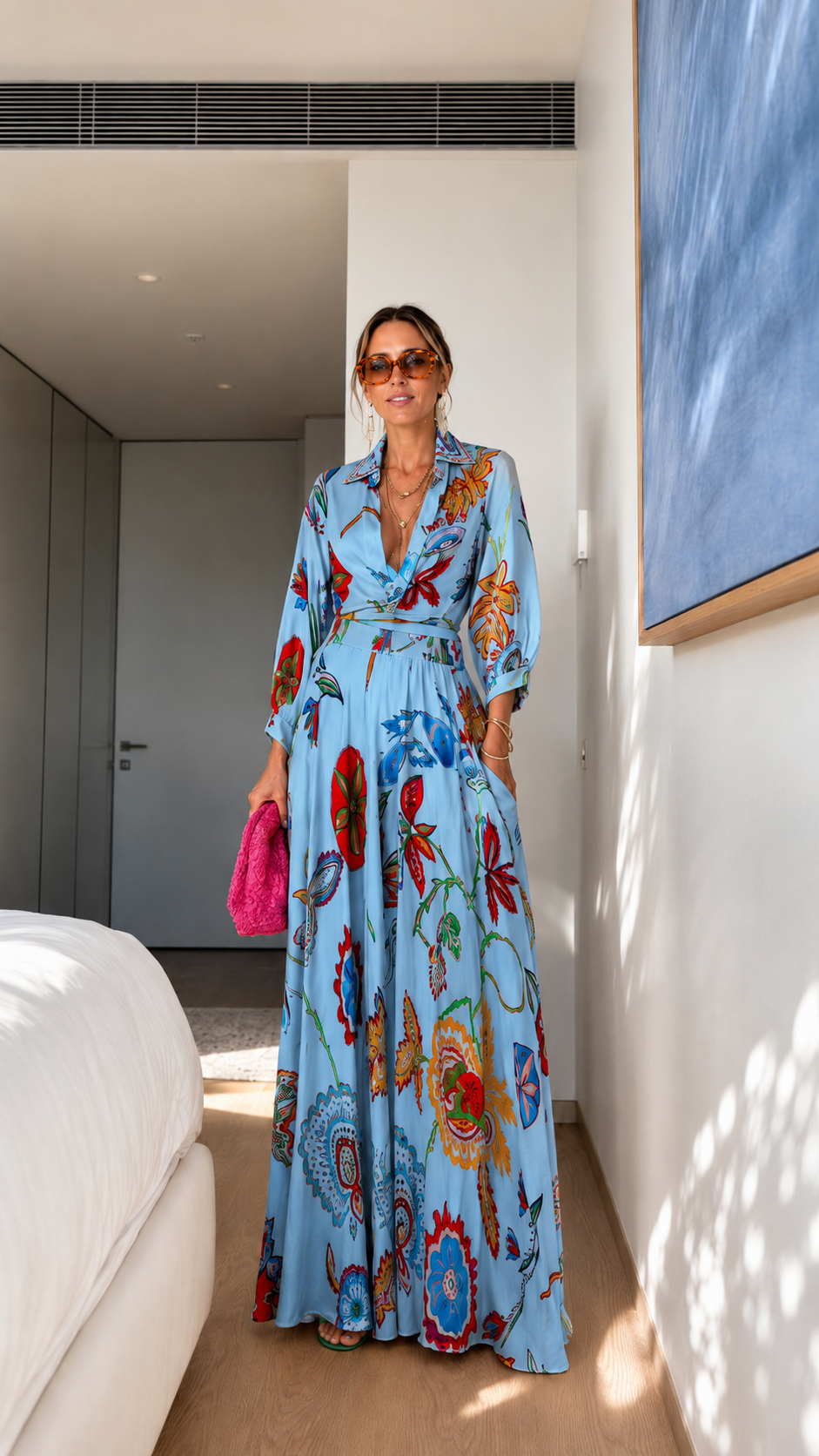 Printed Button-Front Belted Maxi Shirt Dress