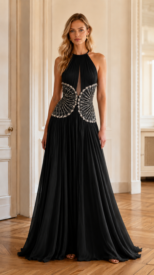 Beaded Butterfly Pleated Halter Maxi Dress