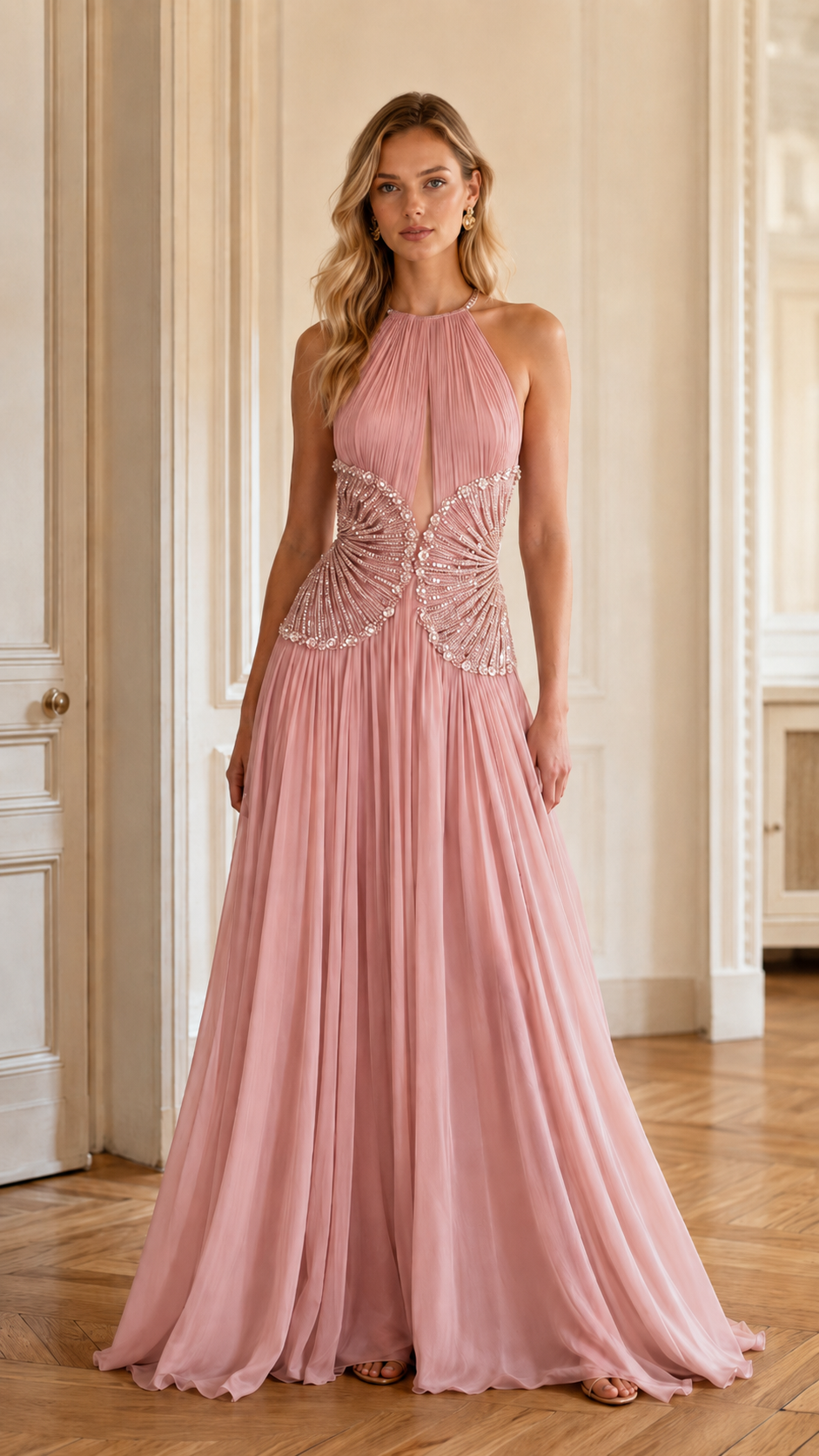 Beaded Butterfly Pleated Halter Maxi Dress