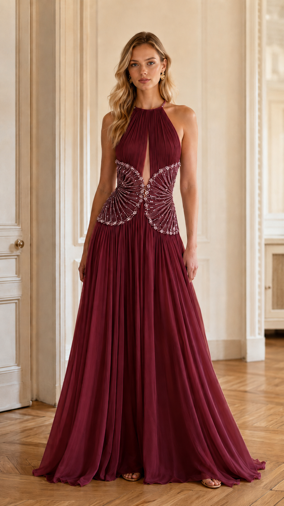 Beaded Butterfly Pleated Halter Maxi Dress