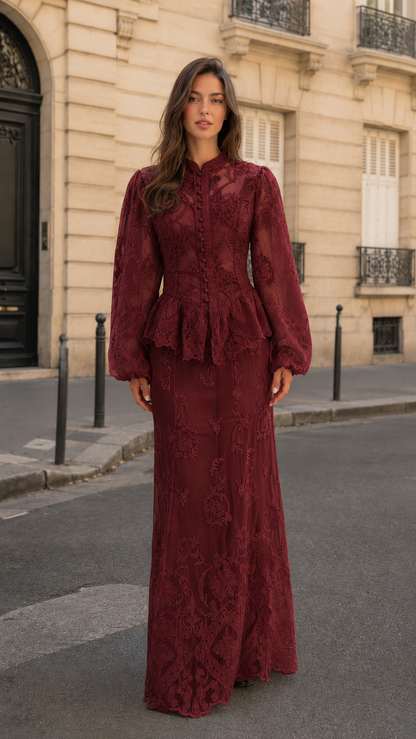 Embroidered Lace Button-Front Maxi Dress Set