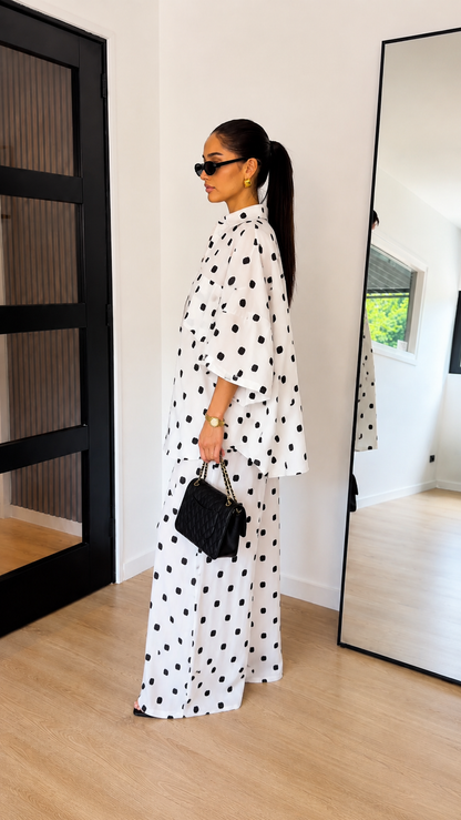 Relaxed Abstract Dot Button-Up Shirt & Wide-Leg Pants Set