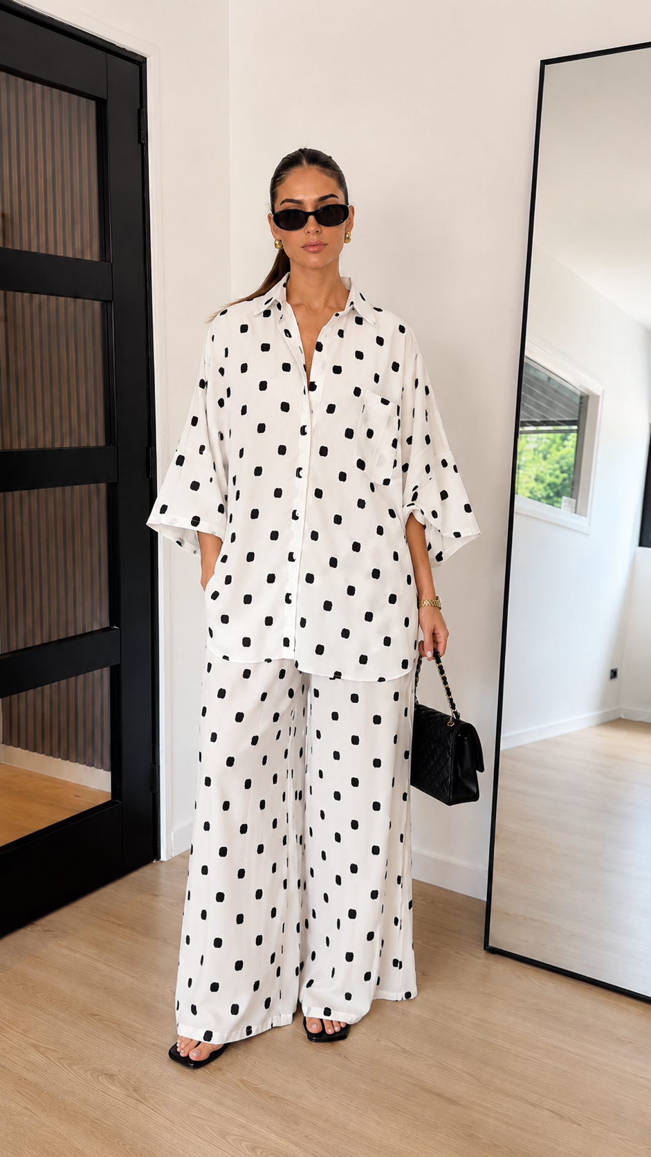 Relaxed Abstract Dot Button-Up Shirt & Wide-Leg Pants Set
