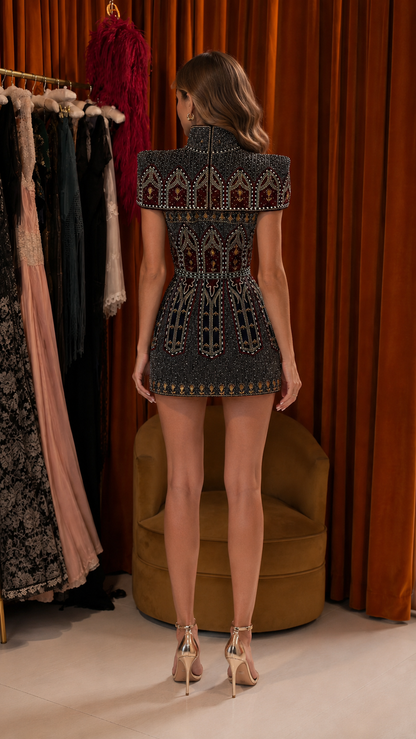 Embellished Stand Collar Cape Shoulder Mini Dress