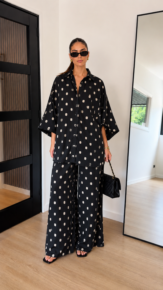 Relaxed Abstract Dot Button-Up Shirt & Wide-Leg Pants Set