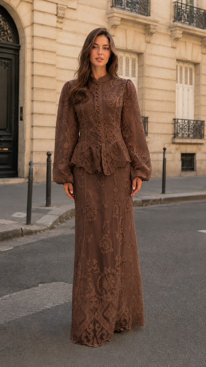 Embroidered Lace Button-Front Maxi Dress Set