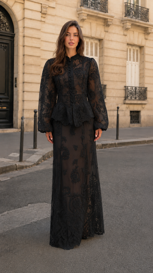 Embroidered Lace Button-Front Maxi Dress Set